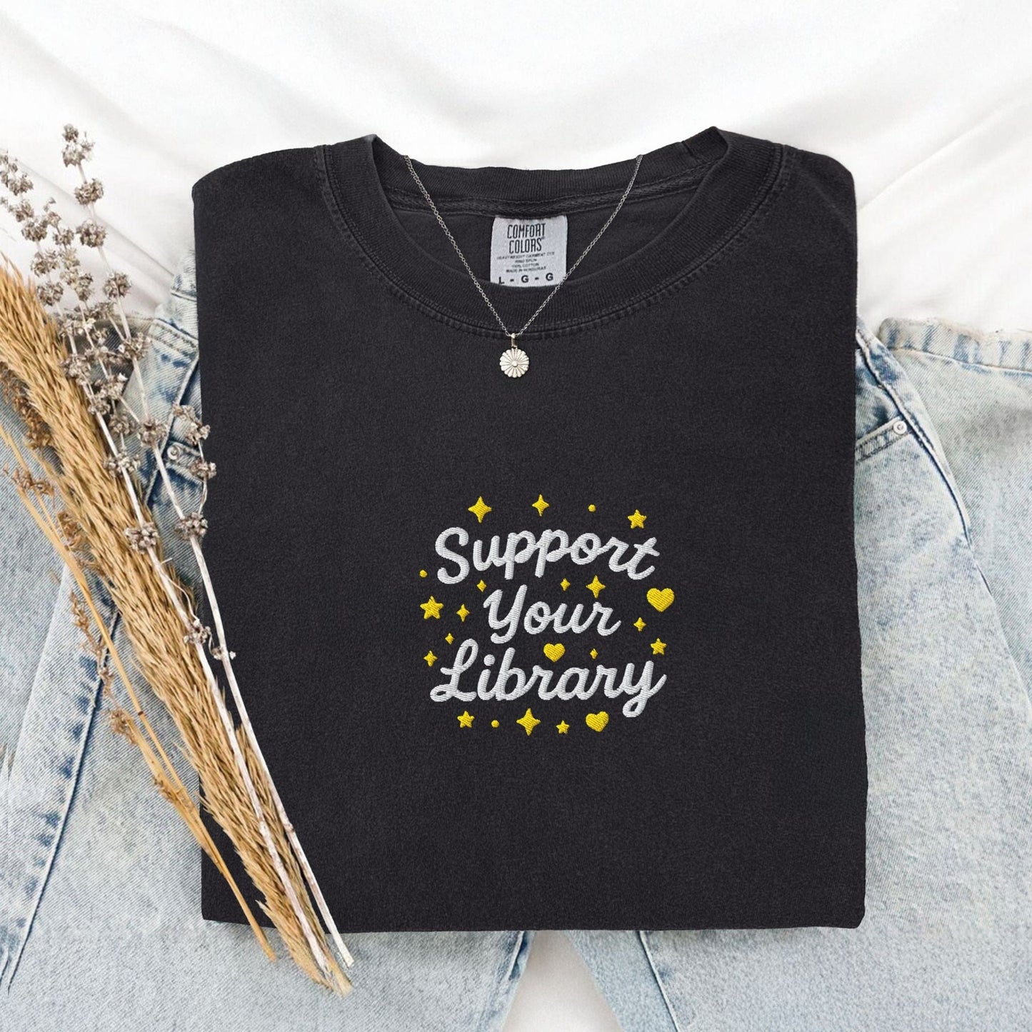 Pine Spice Books Support Your Library Embroidered T-Shirt Support Your Library Embroidered T-Shirt