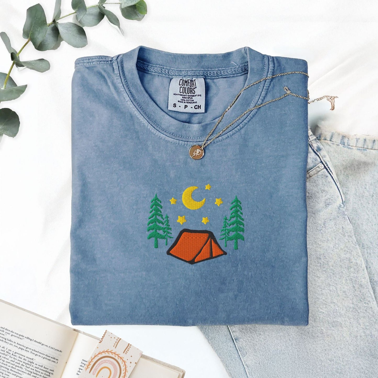 Pine Spice Books Cozy Camping Embroidered T-Shirt Cozy Camping Embroidered T-Shirt