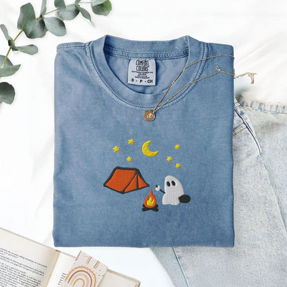 Pine Spice Books Cute Camping Ghost Embroidered T-Shirt Cute Camping Ghost Embroidered T-Shirt
