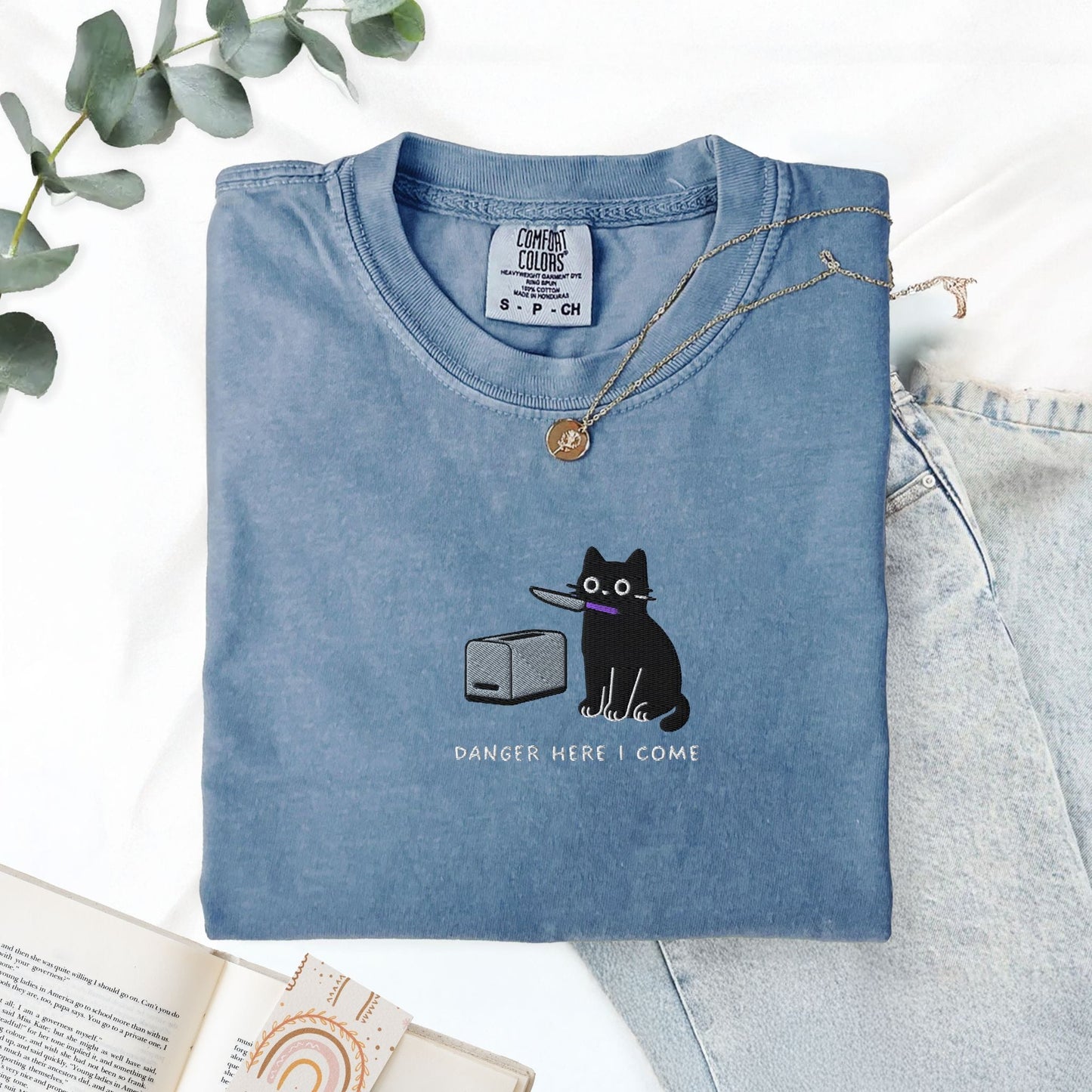 Pine Spice Books Danger Here I Come Cat Embroidered T-Shirt Danger Here I Come Cat Embroidered T-Shirt