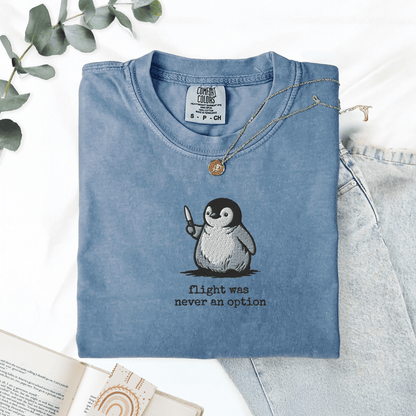 Pine Spice Books Flight Was Never An Option Penguin Embroidered T-Shirt Flight Was Never An Option Penguin Embroidered T-Shirt