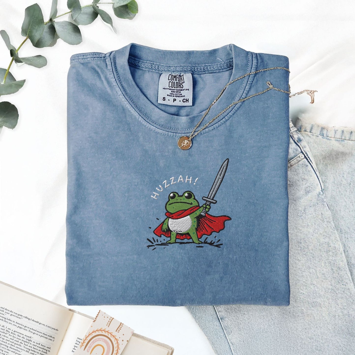 Pine Spice Books Huzzah Frog Embroidered T-Shirt Huzzah Frog Embroidered T-Shirt