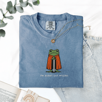 Pine Spice Books Im Burnt Out M'lord Frog Embroidered T-Shirt Im Burnt Out M'lord Frog Embroidered T-Shirt