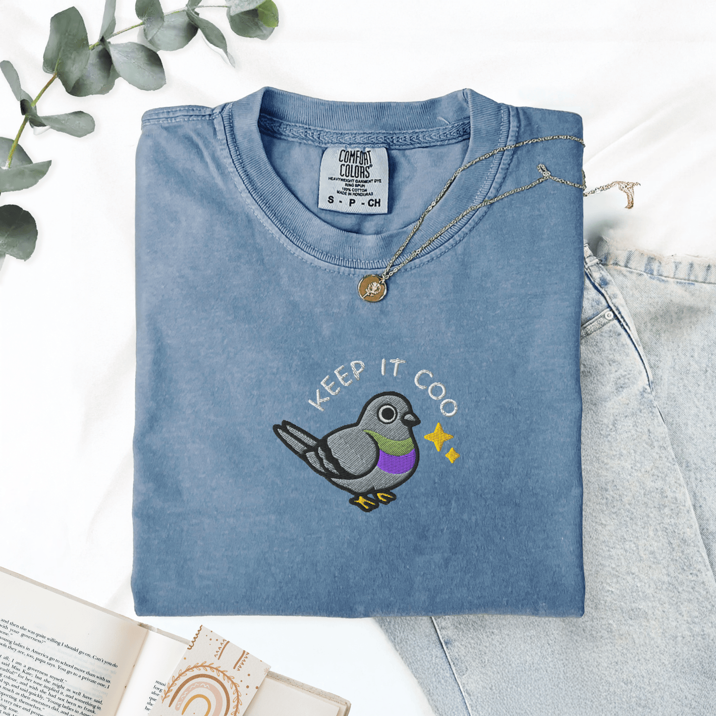 Pine Spice Books Keep It Coo Embroidered Pigeon T-Shirt Keep It Coo Embroidered Pigeon T-Shirt
