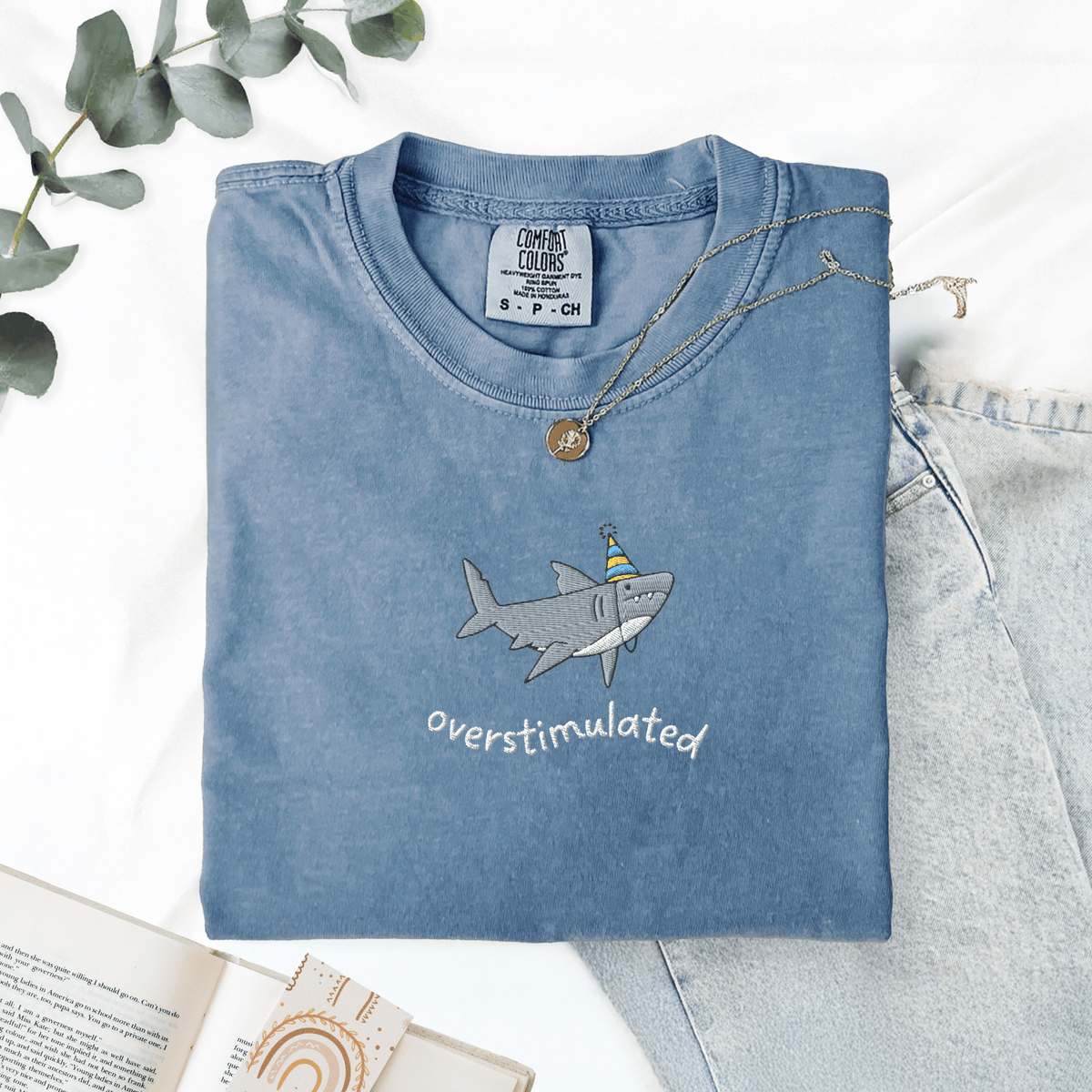 Pine Spice Books Overstimulated Shark Embroidered T-Shirt Overstimulated Shark Embroidered T-Shirt