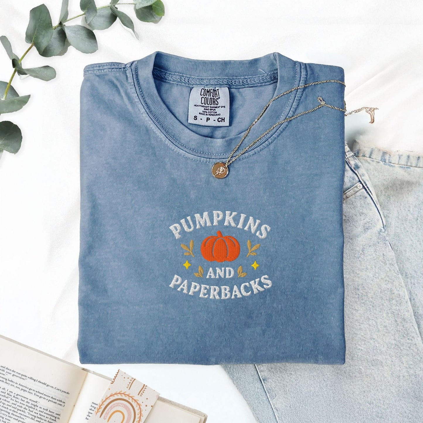 Pine Spice Books Pumpkins and Paperbacks Embroidered T-Shirt Pumpkins and Paperbacks Embroidered T-Shirt