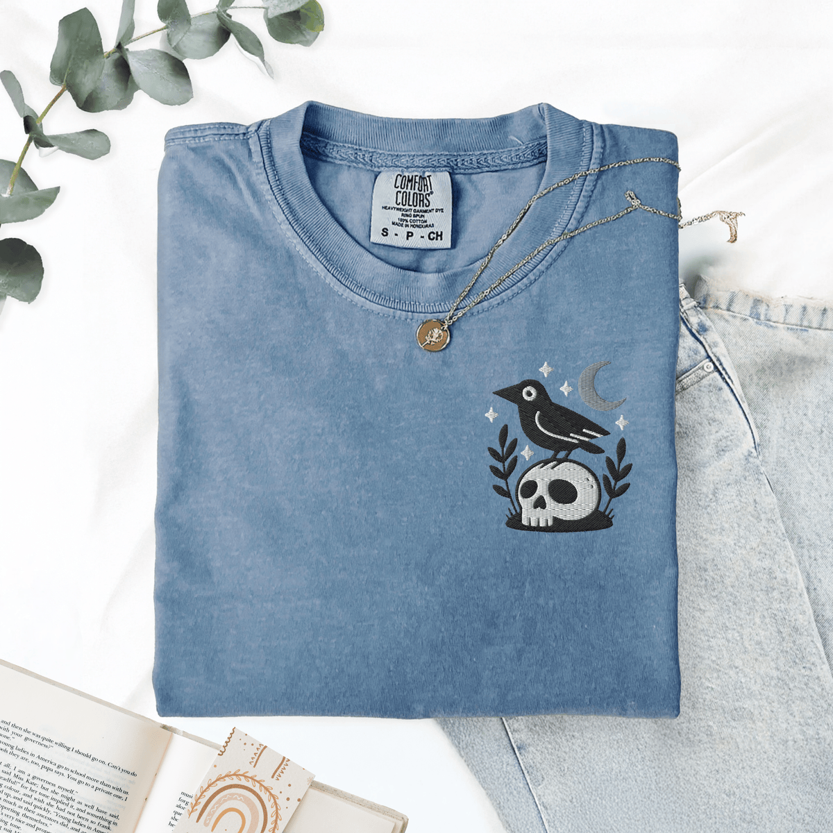 Pine Spice Books Witchy Crow Embroidered T-Shirt Witchy Crow Embroidered T-Shirt