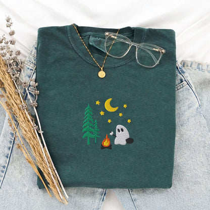 Pine Spice Books Camping Ghost Embroidered T-Shirt Camping Ghost Embroidered T-Shirt