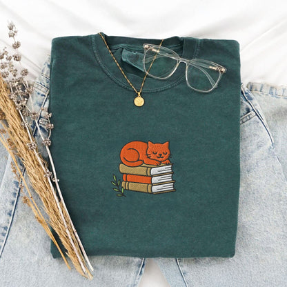 Pine Spice Books Cat Book Stack Embroidered T-Shirt Cat Book Stack Embroidered T-Shirt