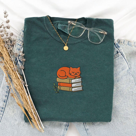 Pine Spice Books Cat Book Stack Embroidered T-Shirt Cat Book Stack Embroidered T-Shirt