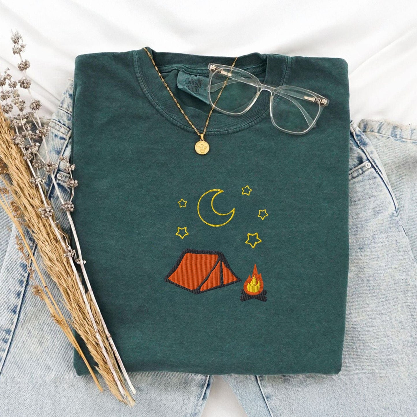 Pine Spice Books Cozy Embroidered Camping T-Shirt Cozy Embroidered Camping T-Shirt