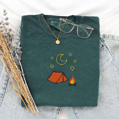 Pine Spice Books Cozy Embroidered Camping T-Shirt Cozy Embroidered Camping T-Shirt