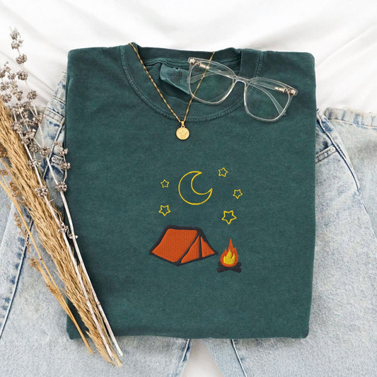 Pine Spice Books Cozy Embroidered Camping T-Shirt Cozy Embroidered Camping T-Shirt