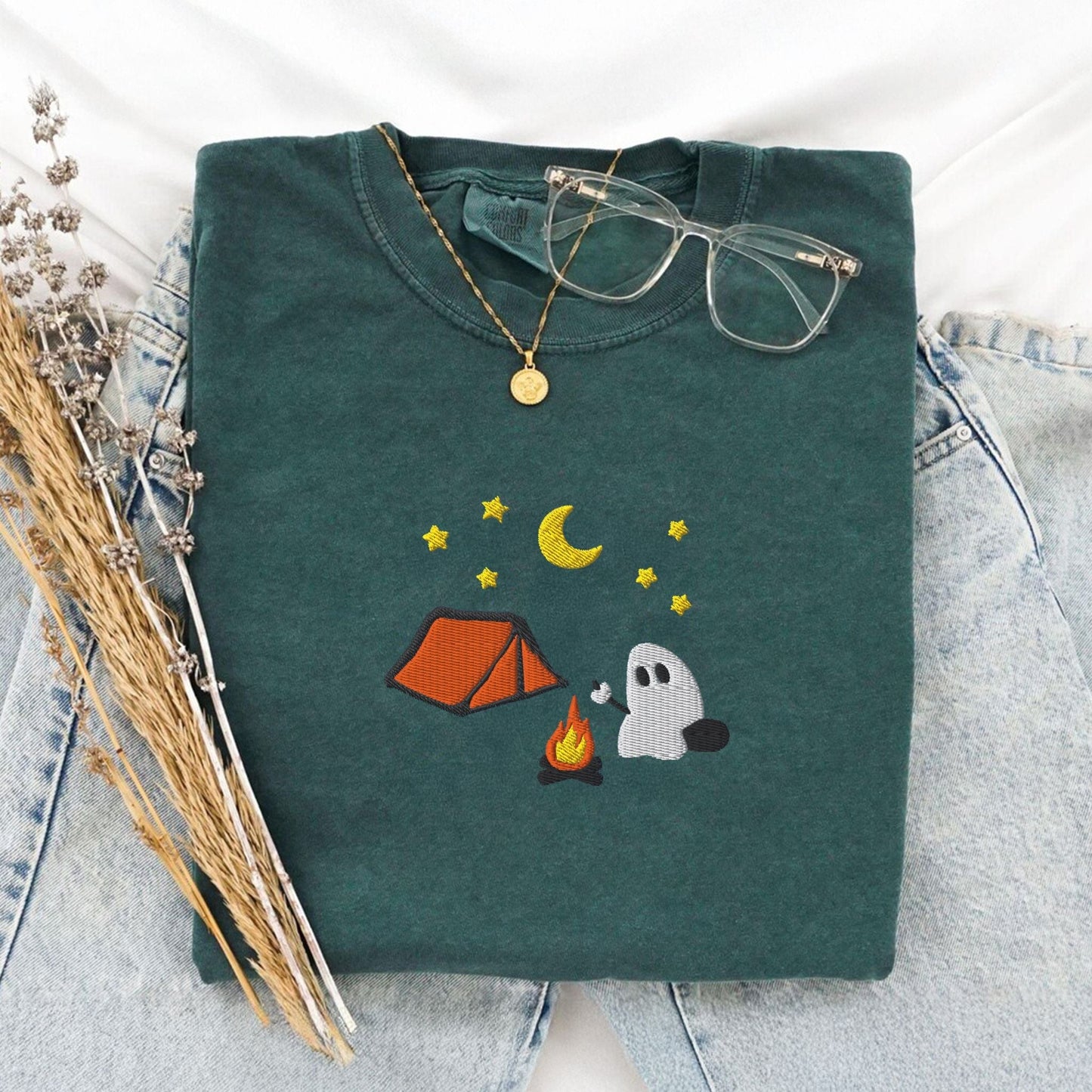 Pine Spice Books Cute Camping Ghost Embroidered T-Shirt Cute Camping Ghost Embroidered T-Shirt