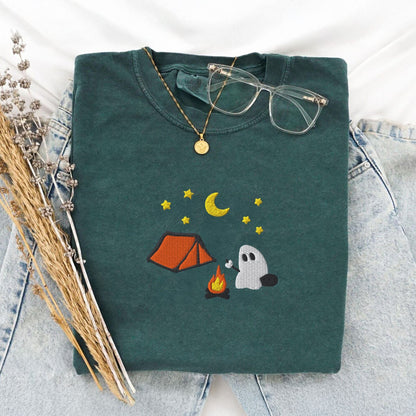 Pine Spice Books Cute Camping Ghost Embroidered T-Shirt Cute Camping Ghost Embroidered T-Shirt