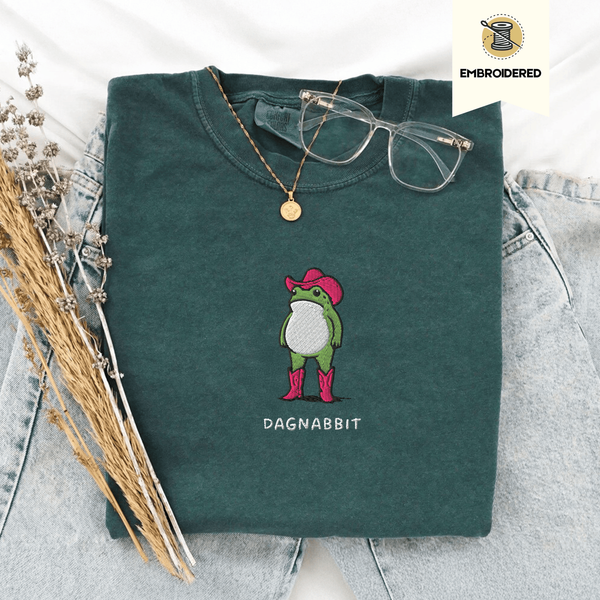 Pine Spice Books Dagnabbit Cowboy Frog Embroidered T-Shirt Dagnabbit Cowboy Frog Embroidered T-Shirt