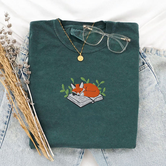 Pine Spice Books Fox Sleeping on a Book Embroidered T-Shirt Fox Sleeping on a Book Embroidered T-Shirt