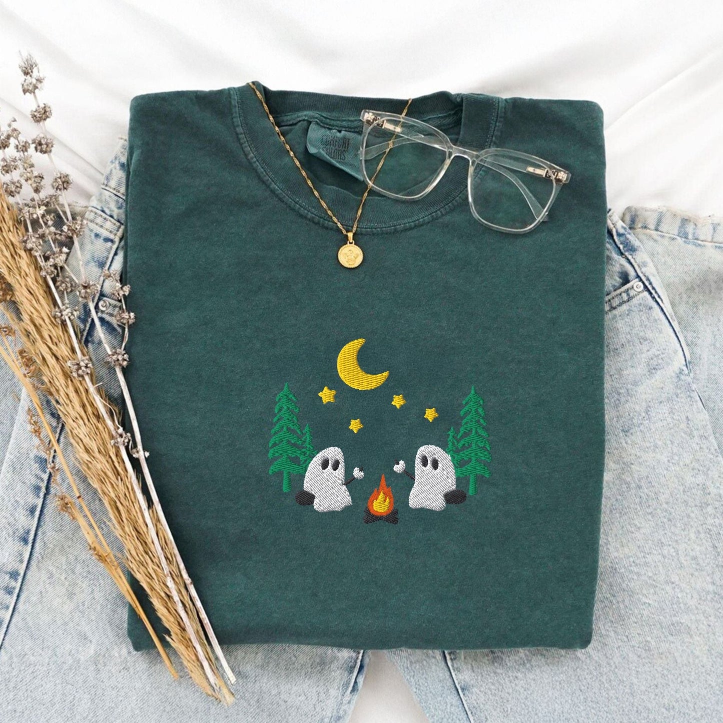 Pine Spice Books Ghosts Camping Embroidered T-Shirt Ghosts Camping Embroidered T-Shirt