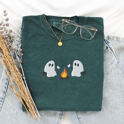 Pine Spice Books Ghosts Camping Embroidered T-Shirt Ghosts Camping Embroidered T-Shirt
