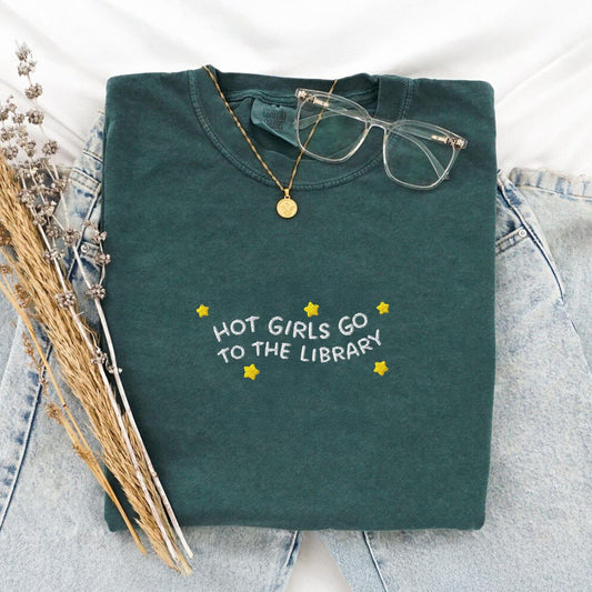 Pine Spice Books Hot Girls Go to the Library Embroidered T-Shirt Hot Girls Go to the Library Embroidered T-Shirt