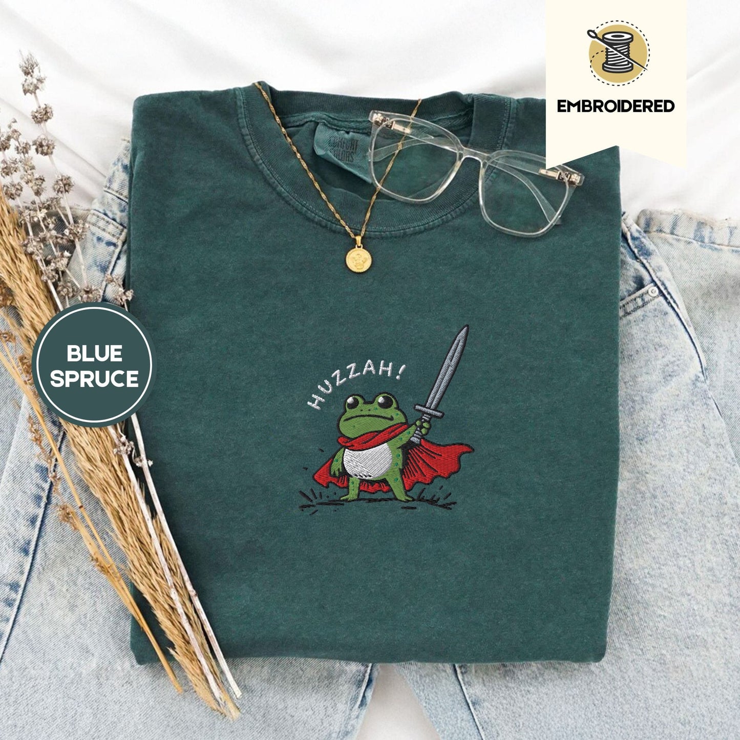 Pine Spice Books Huzzah Frog Embroidered T-Shirt Huzzah Frog Embroidered T-Shirt