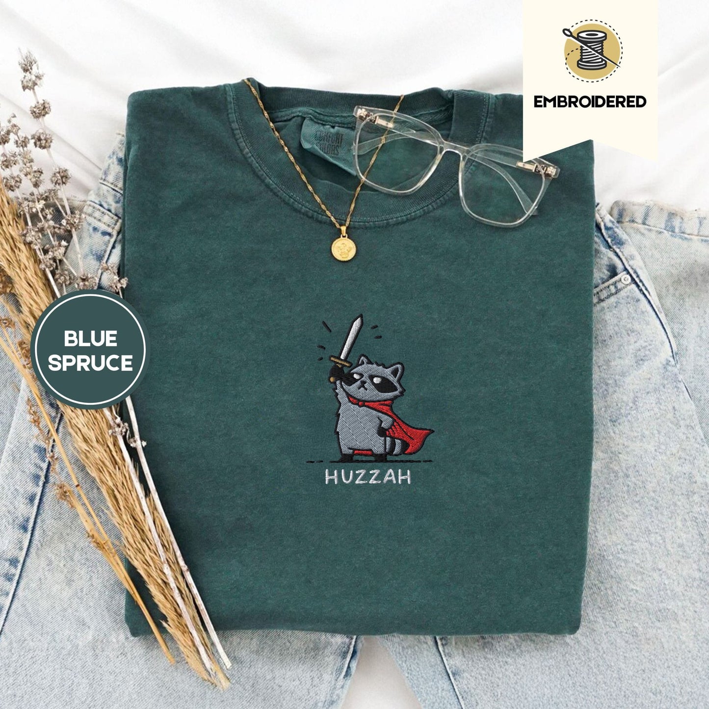 Pine Spice Books Huzzah Raccoon Embroidered T-Shirt Huzzah Raccoon Embroidered T-Shirt