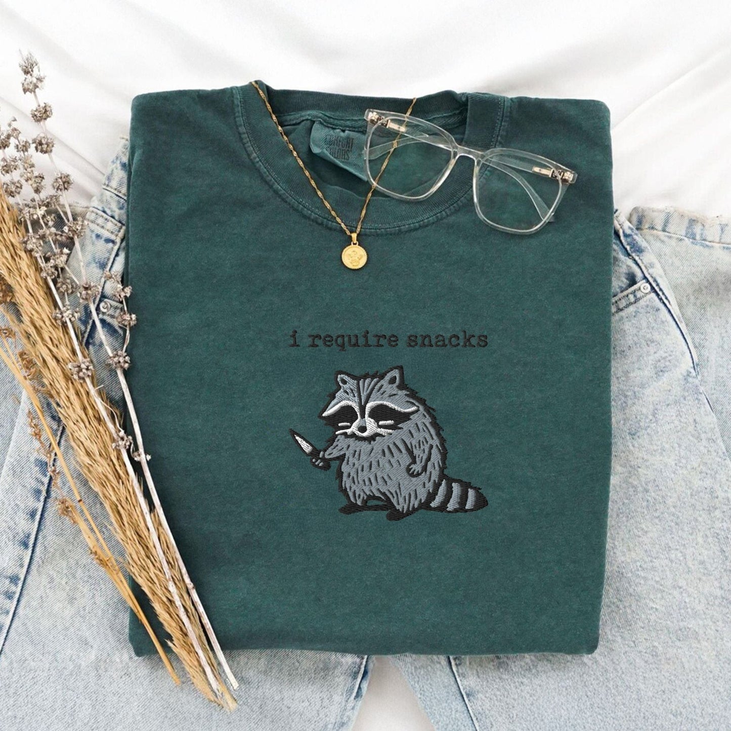 Pine Spice Books I Require Snacks Raccoon Embroidered T-Shirt I Require Snacks Raccoon Embroidered T-Shirt
