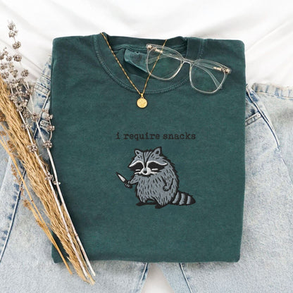 Pine Spice Books I Require Snacks Raccoon Embroidered T-Shirt I Require Snacks Raccoon Embroidered T-Shirt