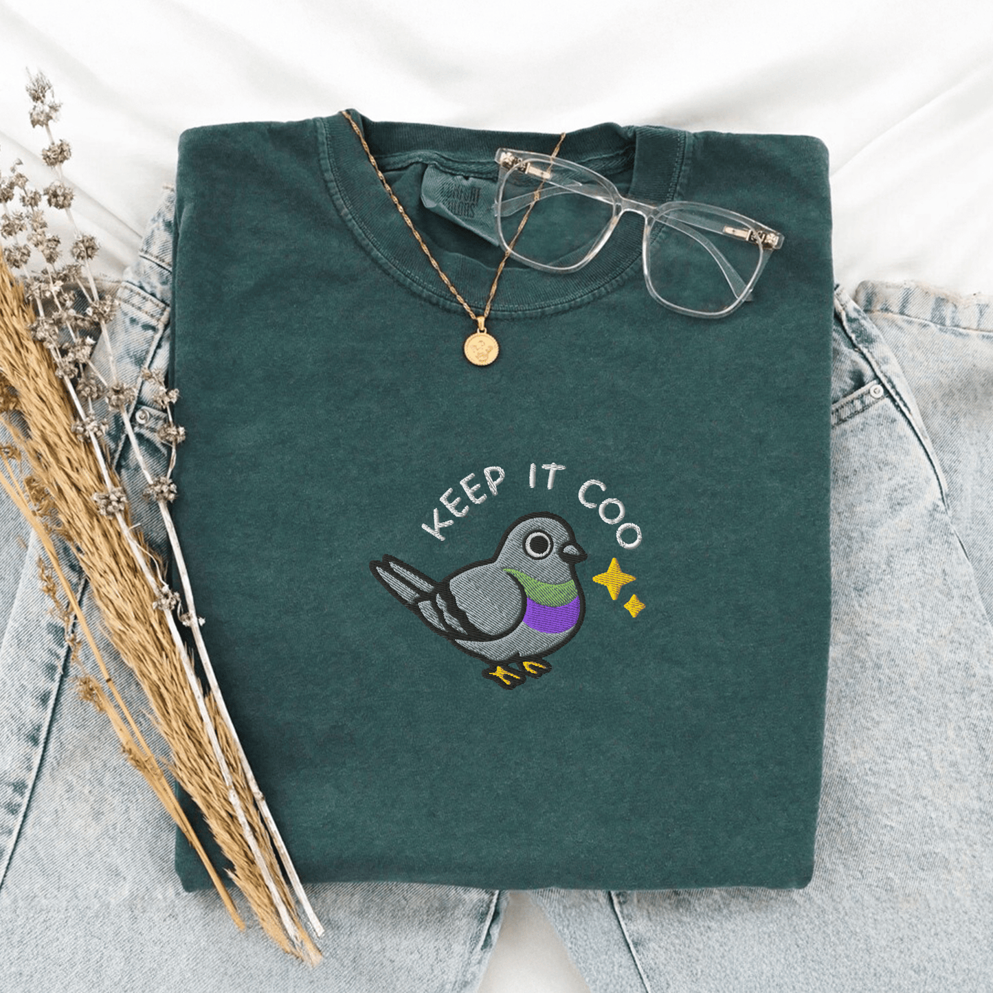 Pine Spice Books Keep It Coo Embroidered Pigeon T-Shirt Keep It Coo Embroidered Pigeon T-Shirt