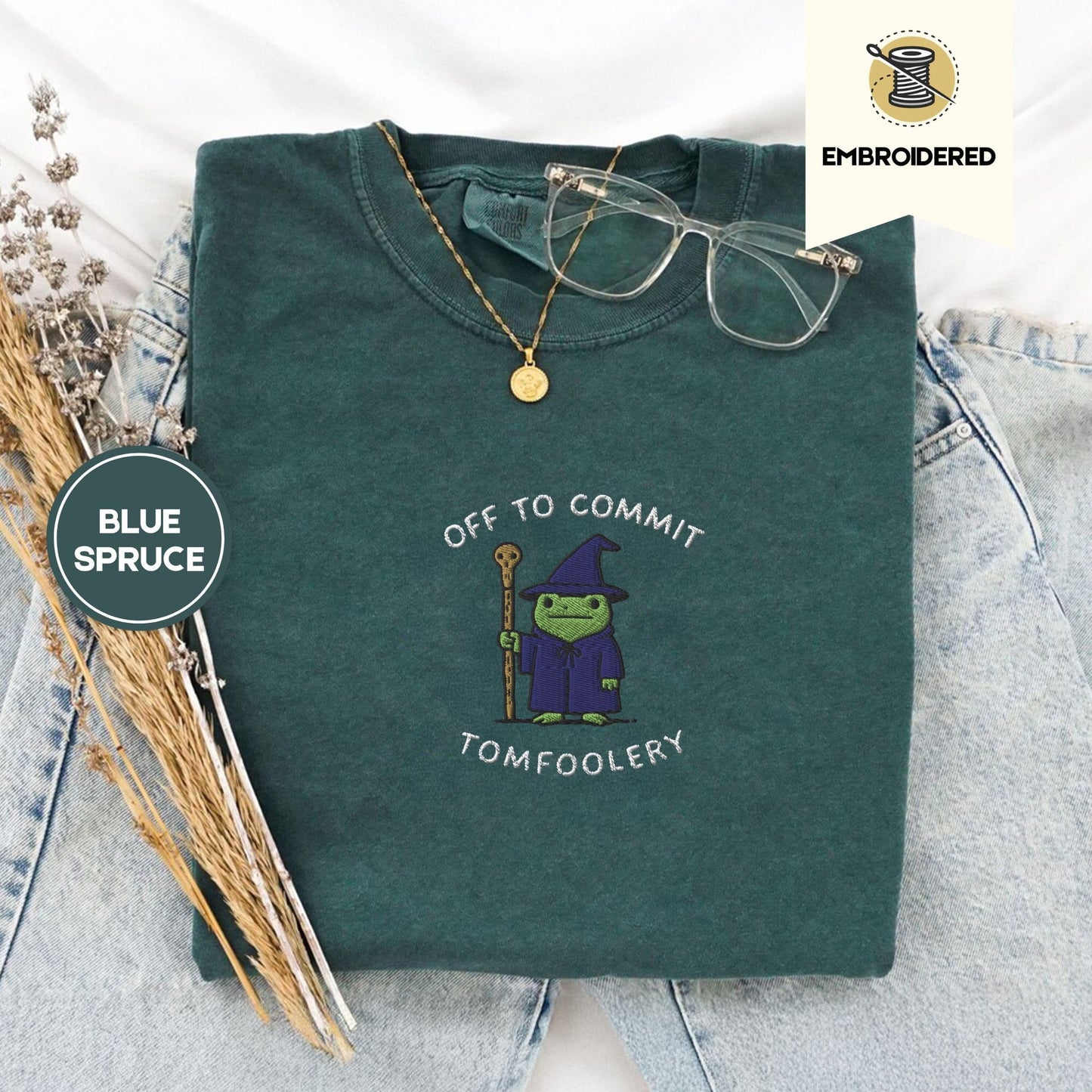 Pine Spice Books Off To Commit Tomfoolery Embroidered Frog T-Shirt Off To Commit Tomfoolery Embroidered Frog T-Shirt