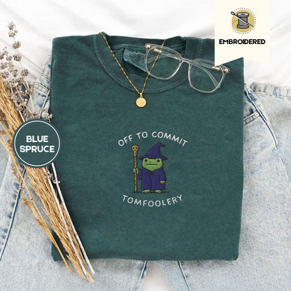 Pine Spice Books Off To Commit Tomfoolery Embroidered Frog T-Shirt Off To Commit Tomfoolery Embroidered Frog T-Shirt