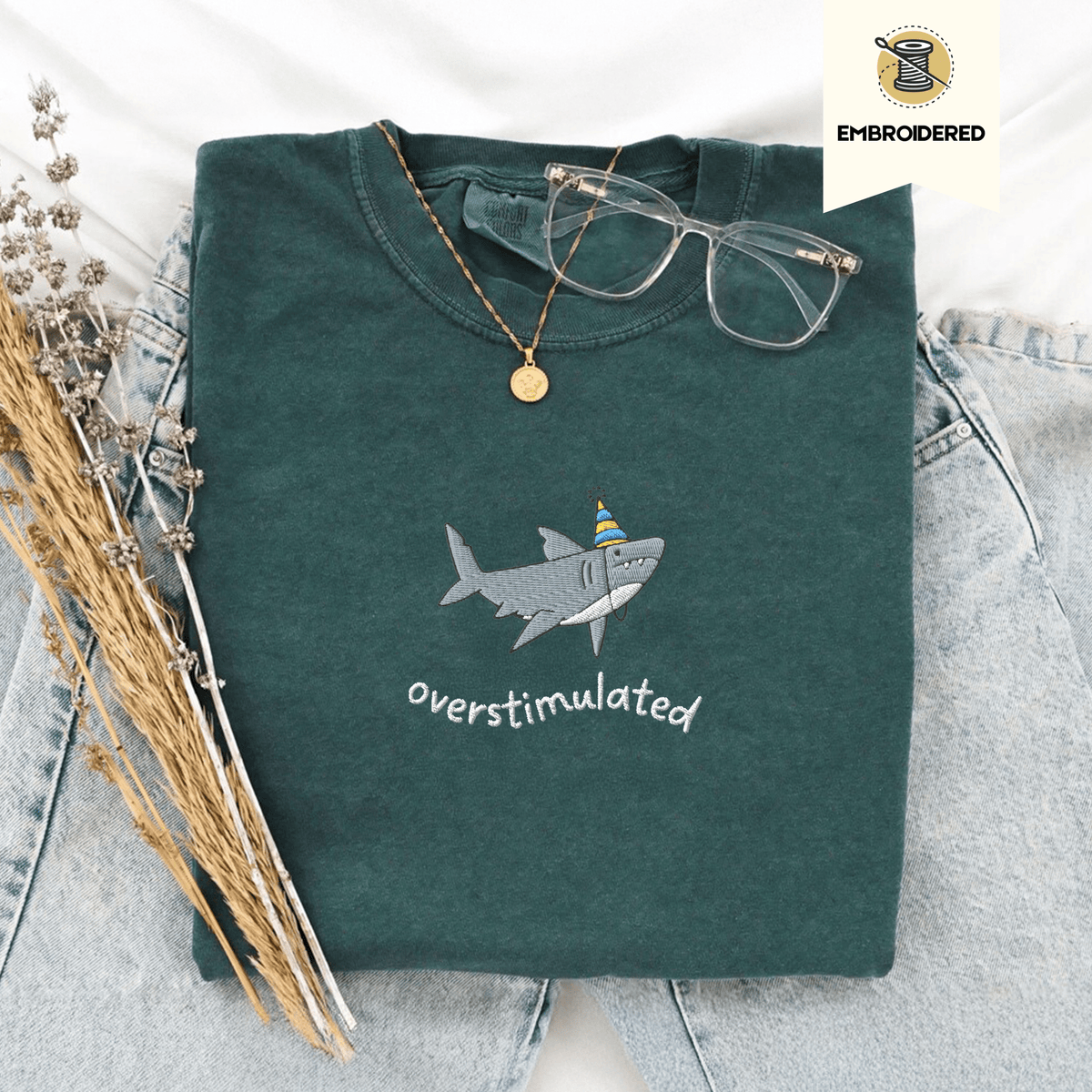 Pine Spice Books Overstimulated Shark Embroidered T-Shirt Overstimulated Shark Embroidered T-Shirt