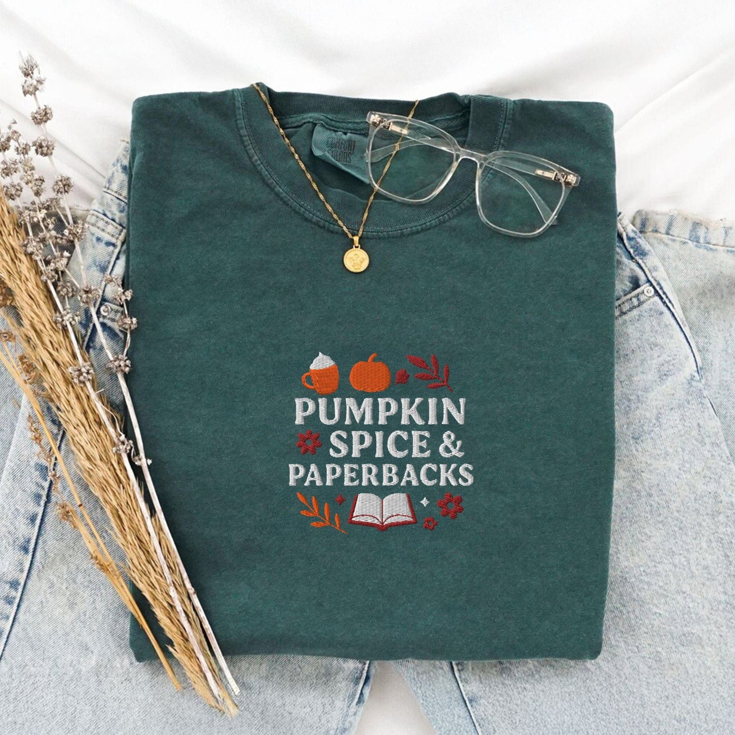 Pine Spice Books Pumpkin Spice and Paperbacks Embroidered Fall T-Shirt Pumpkin Spice and Paperbacks Embroidered Fall T-Shirt