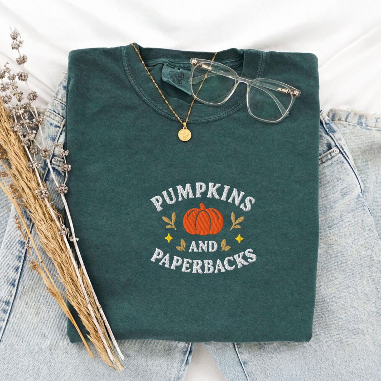 Pine Spice Books Pumpkins and Paperbacks Embroidered T-Shirt Pumpkins and Paperbacks Embroidered T-Shirt