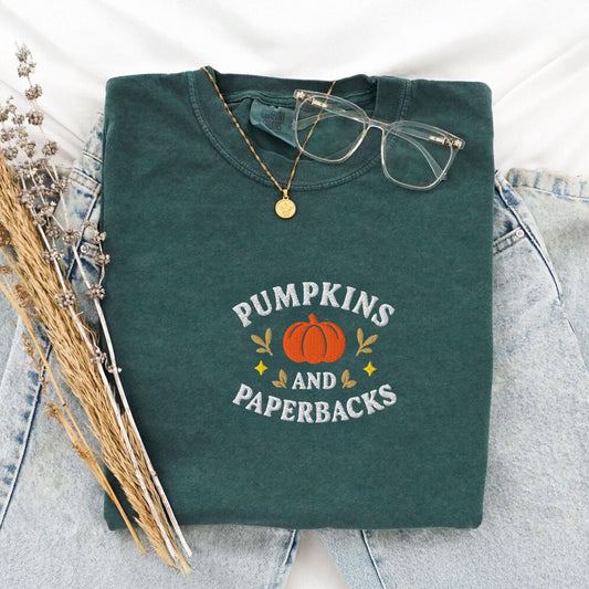Pine Spice Books Pumpkins and Paperbacks Embroidered T-Shirt Pumpkins and Paperbacks Embroidered T-Shirt