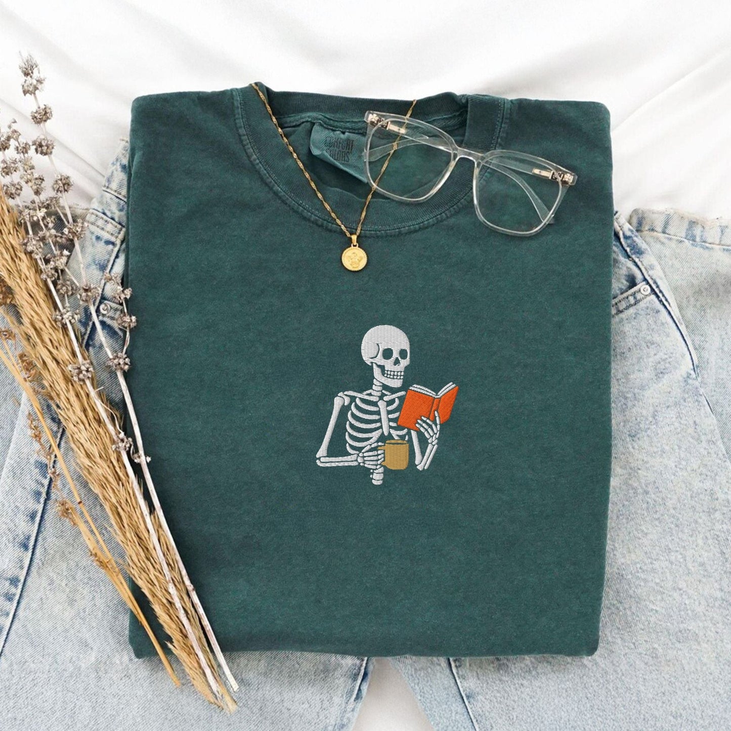 Pine Spice Books Skeleton Reading a Book T-Shirt Skeleton Reading a Book T-Shirt