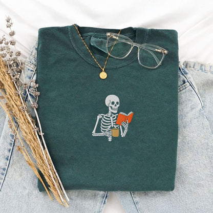 Pine Spice Books Skeleton Reading a Book T-Shirt Skeleton Reading a Book T-Shirt