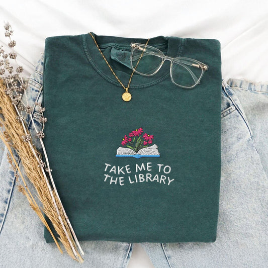 Pine Spice Books Take Me to the Library Embroidered T-Shirt Take Me to the Library Embroidered T-Shirt