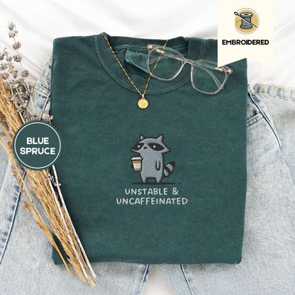 Pine Spice Books Unstable And Uncaffeinated Raccoon Embroidered T-Shirt Unstable And Uncaffeinated Raccoon Embroidered T-Shirt