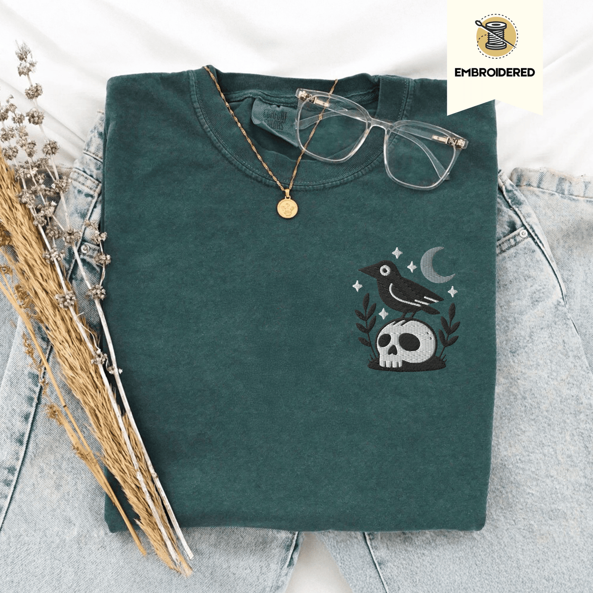 Pine Spice Books Witchy Crow Embroidered T-Shirt Witchy Crow Embroidered T-Shirt