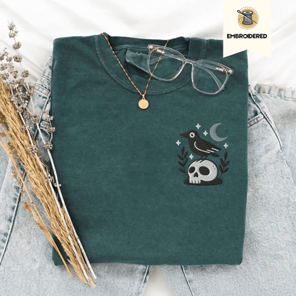 Pine Spice Books Witchy Crow Embroidered T-Shirt Witchy Crow Embroidered T-Shirt