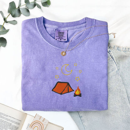 Pine Spice Books Cozy Embroidered Camping T-Shirt Cozy Embroidered Camping T-Shirt
