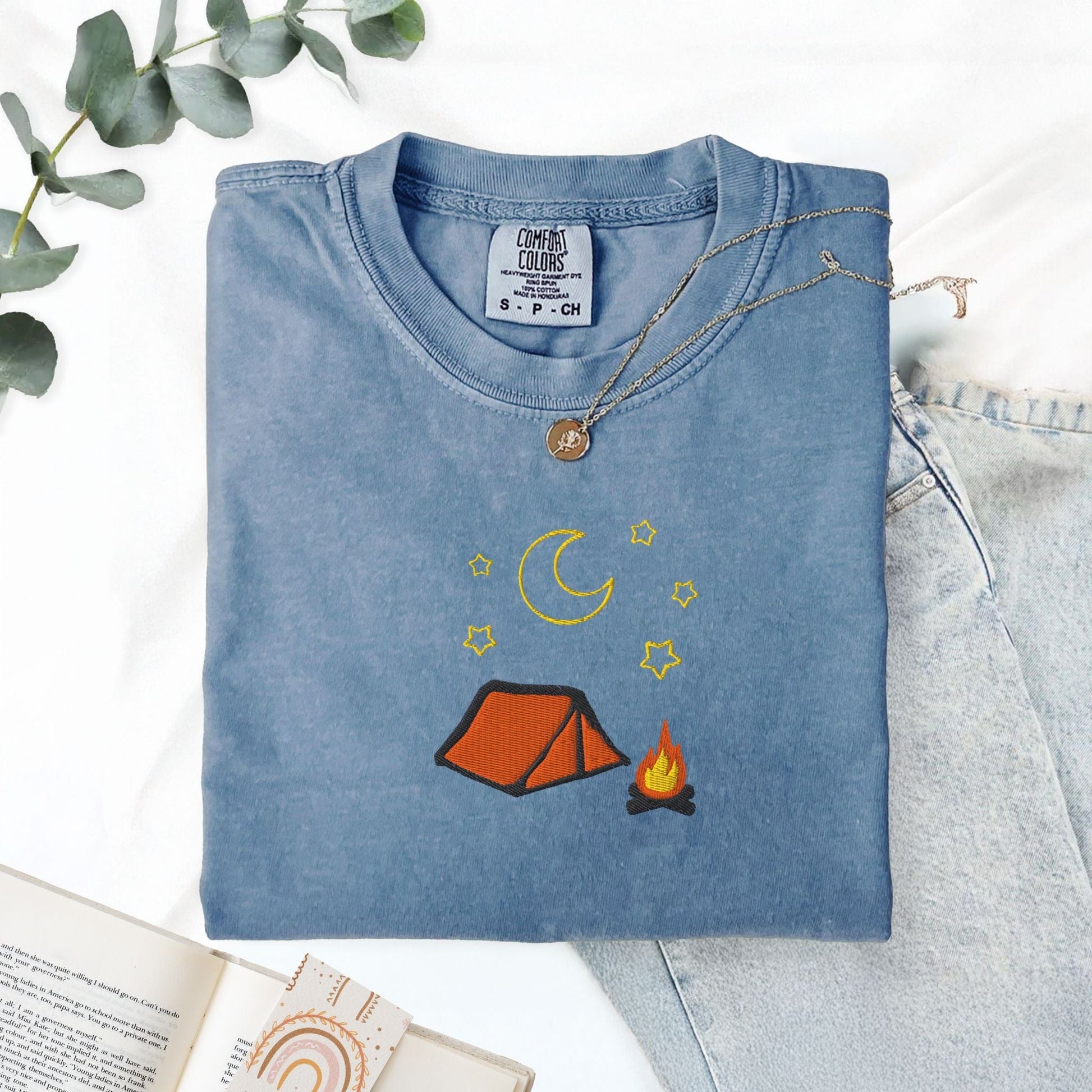 Pine Spice Books Cozy Embroidered Camping T-Shirt Cozy Embroidered Camping T-Shirt