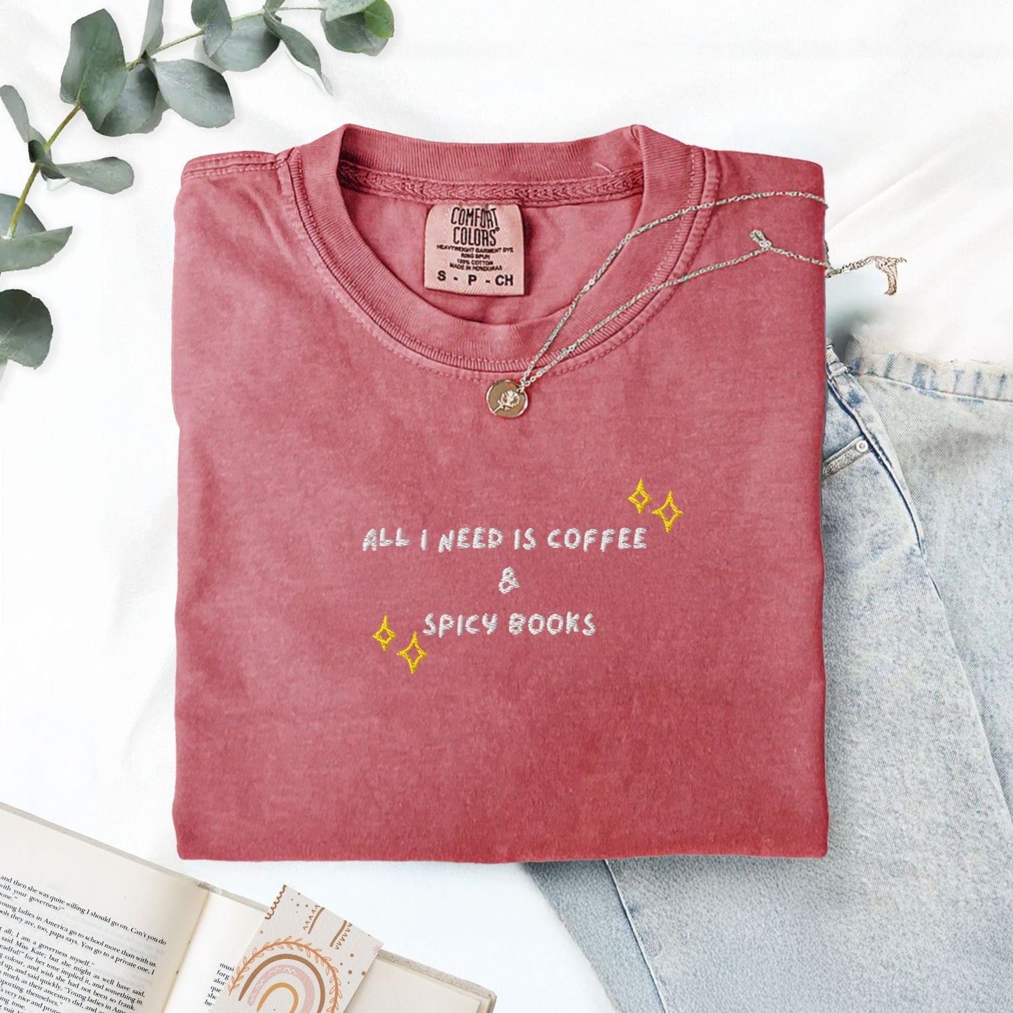 Pine Spice Books Coffee and Spicy Books Embroidered T-Shirt Coffee and Spicy Books Embroidered T-Shirt