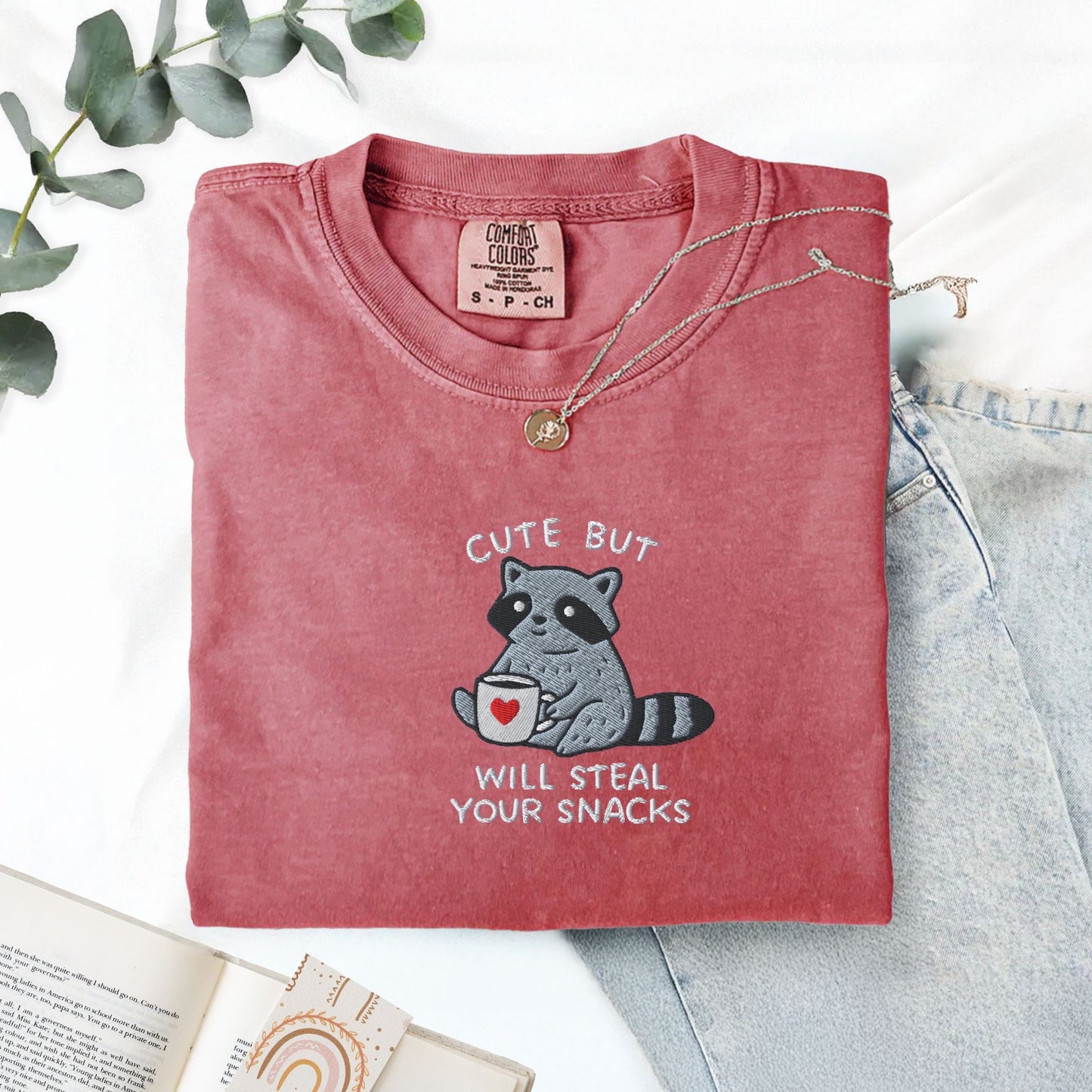 Pine Spice Books Cute But Will Steal Your Snacks Raccoon Embroidered T-Shirt Cute But Will Steal Your Snacks Raccoon Embroidered T-Shirt