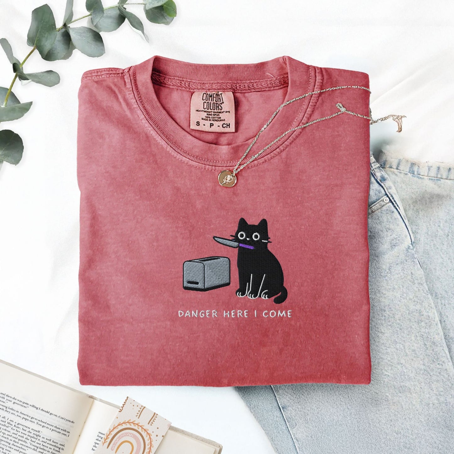Pine Spice Books Danger Here I Come Cat Embroidered T-Shirt Danger Here I Come Cat Embroidered T-Shirt