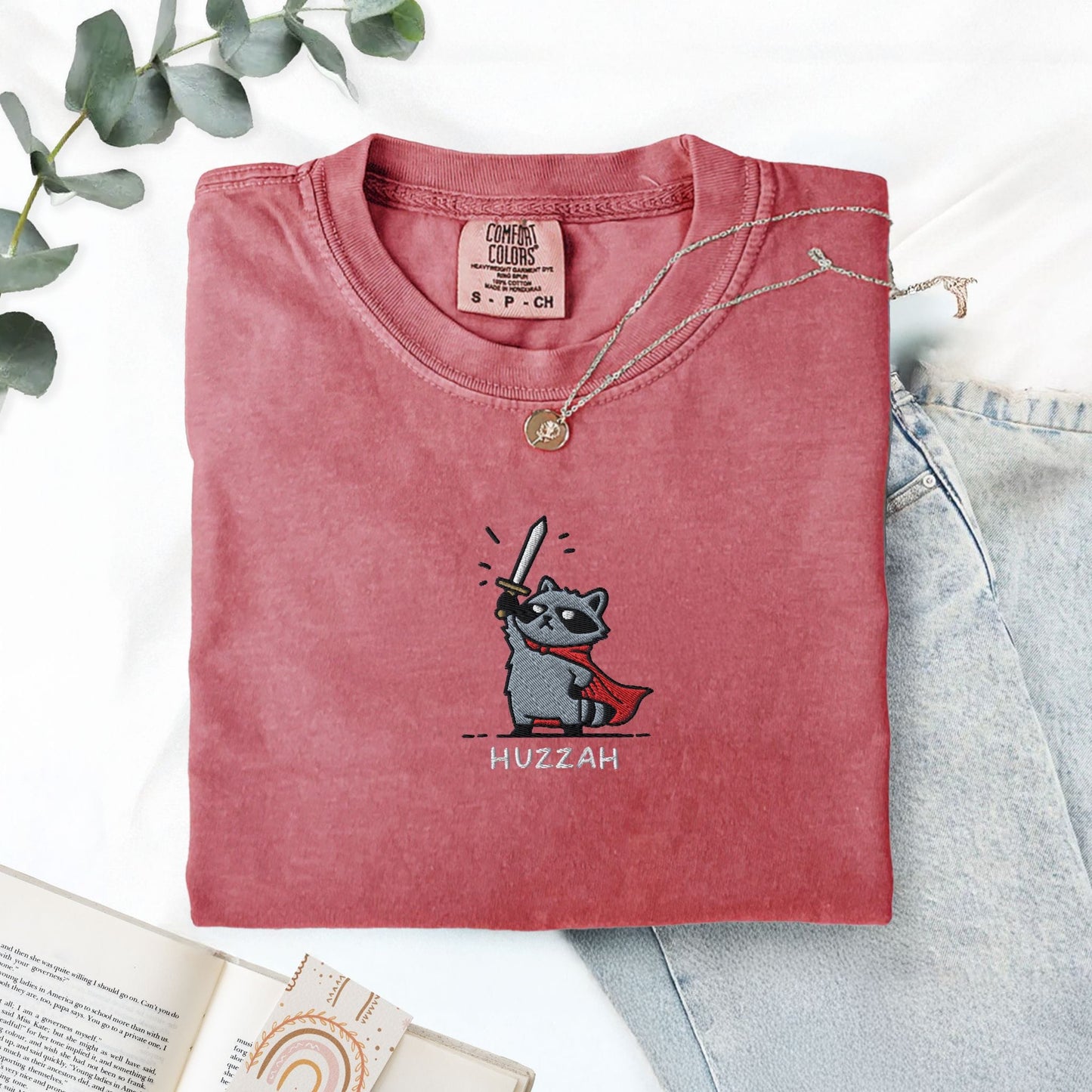 Pine Spice Books Huzzah Raccoon Embroidered T-Shirt Huzzah Raccoon Embroidered T-Shirt