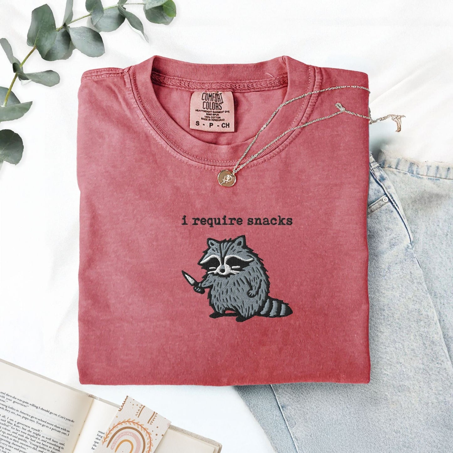 Pine Spice Books I Require Snacks Raccoon Embroidered T-Shirt I Require Snacks Raccoon Embroidered T-Shirt