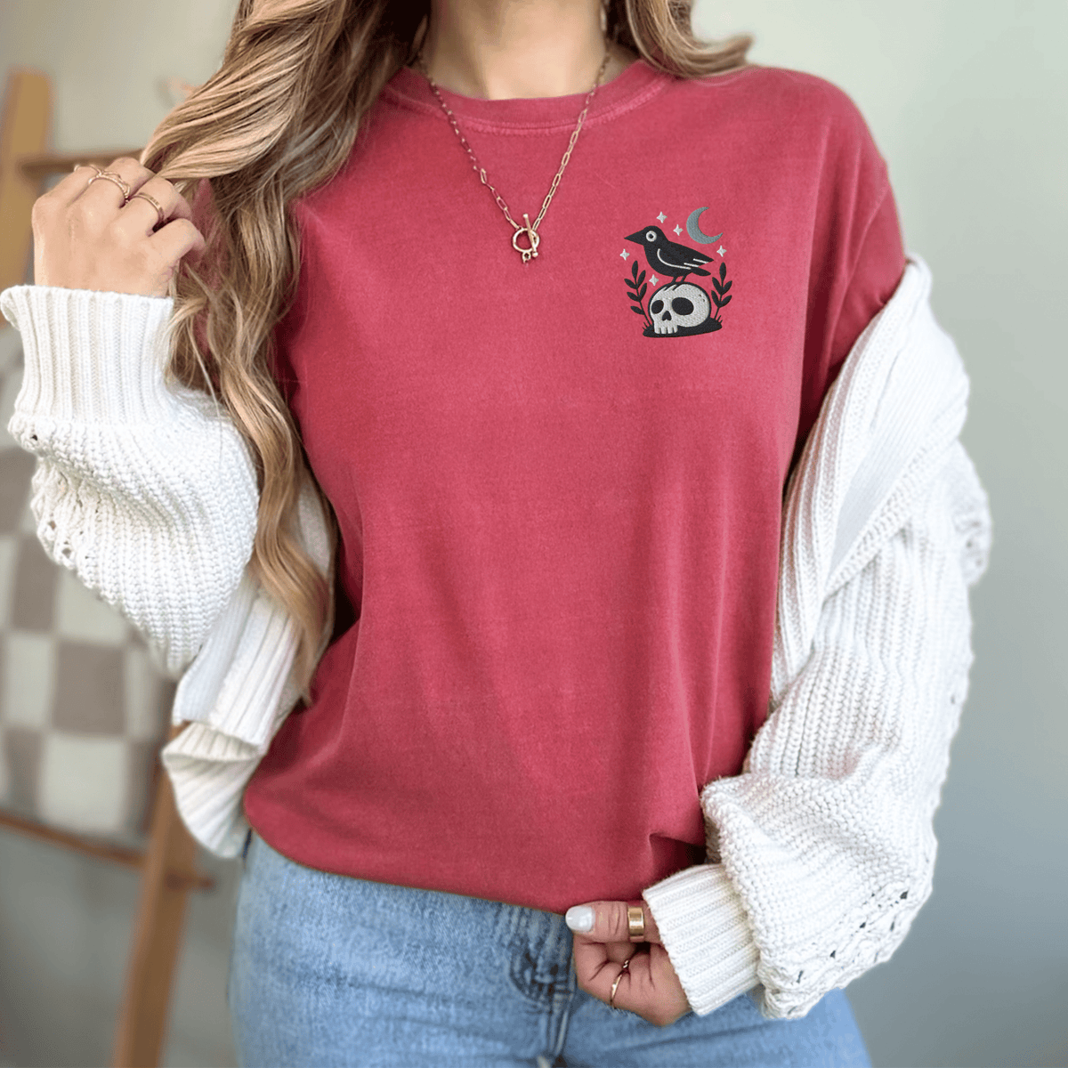 Pine Spice Books Witchy Crow Embroidered T-Shirt Witchy Crow Embroidered T-Shirt