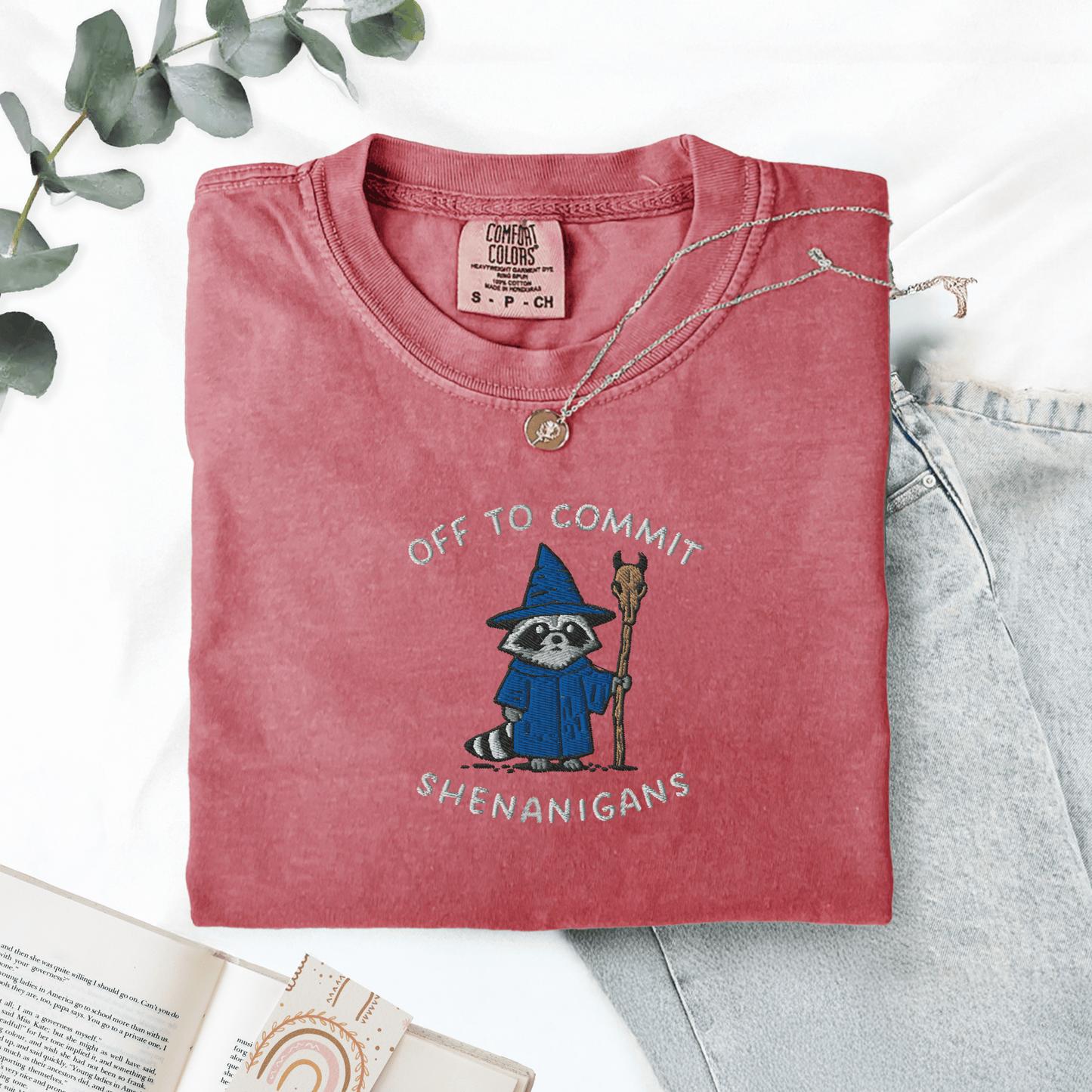 Pine Spice Books Wizard Raccoon Embroidered T-Shirt Wizard Raccoon Embroidered T-Shirt